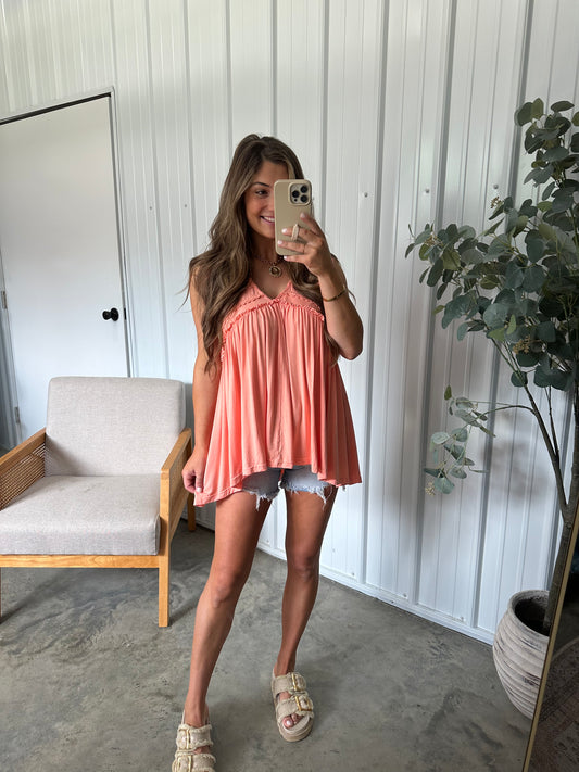 Boho Babydoll Blouse - Coral Orange