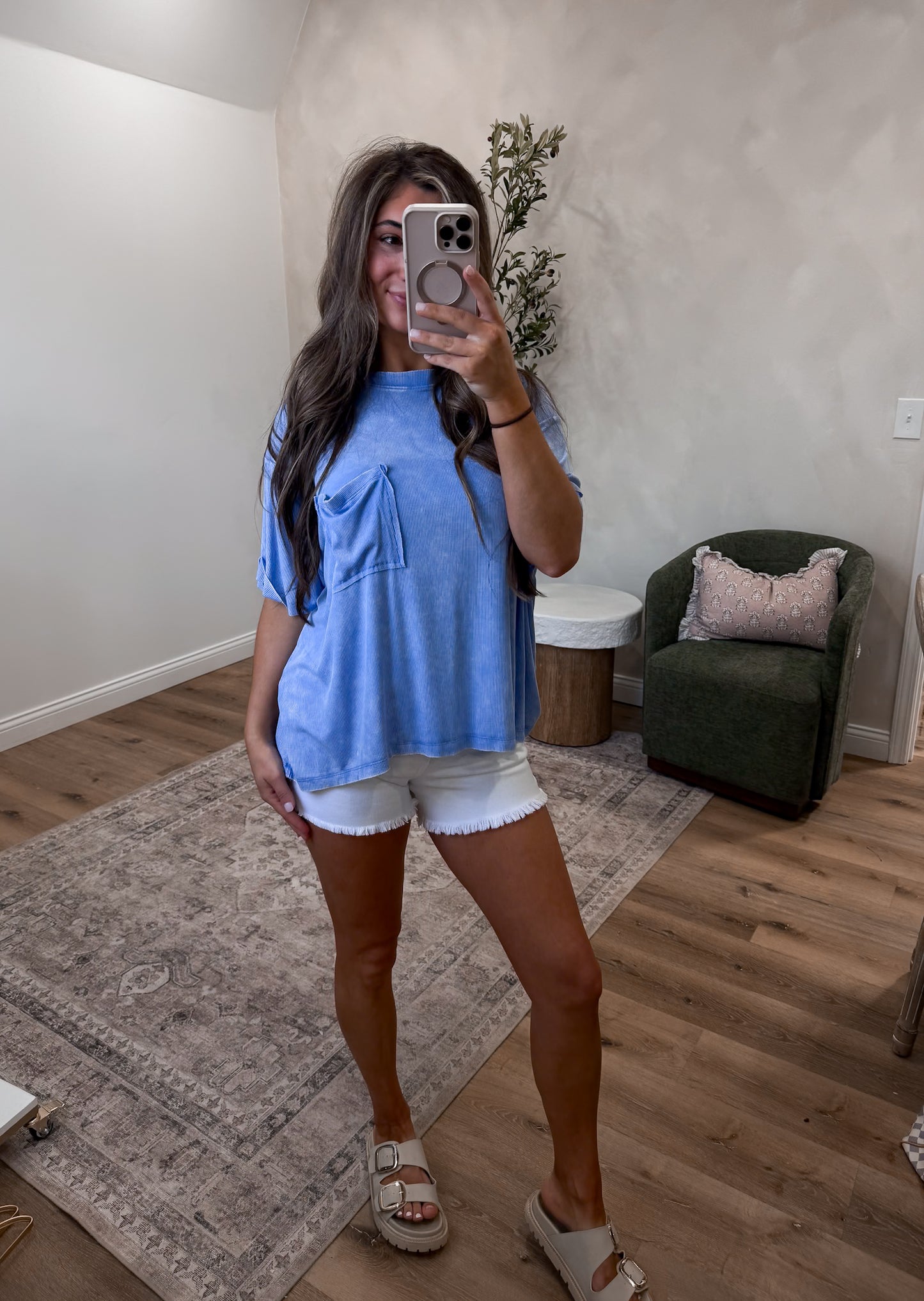 Mineral Washed Droopy Pocket Tee -cornflower
