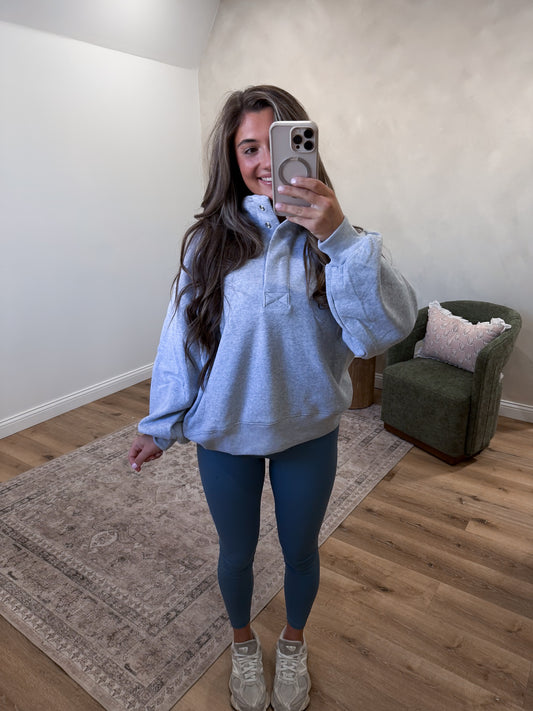 Quick Decisions Half Button Pullover - heathered grey