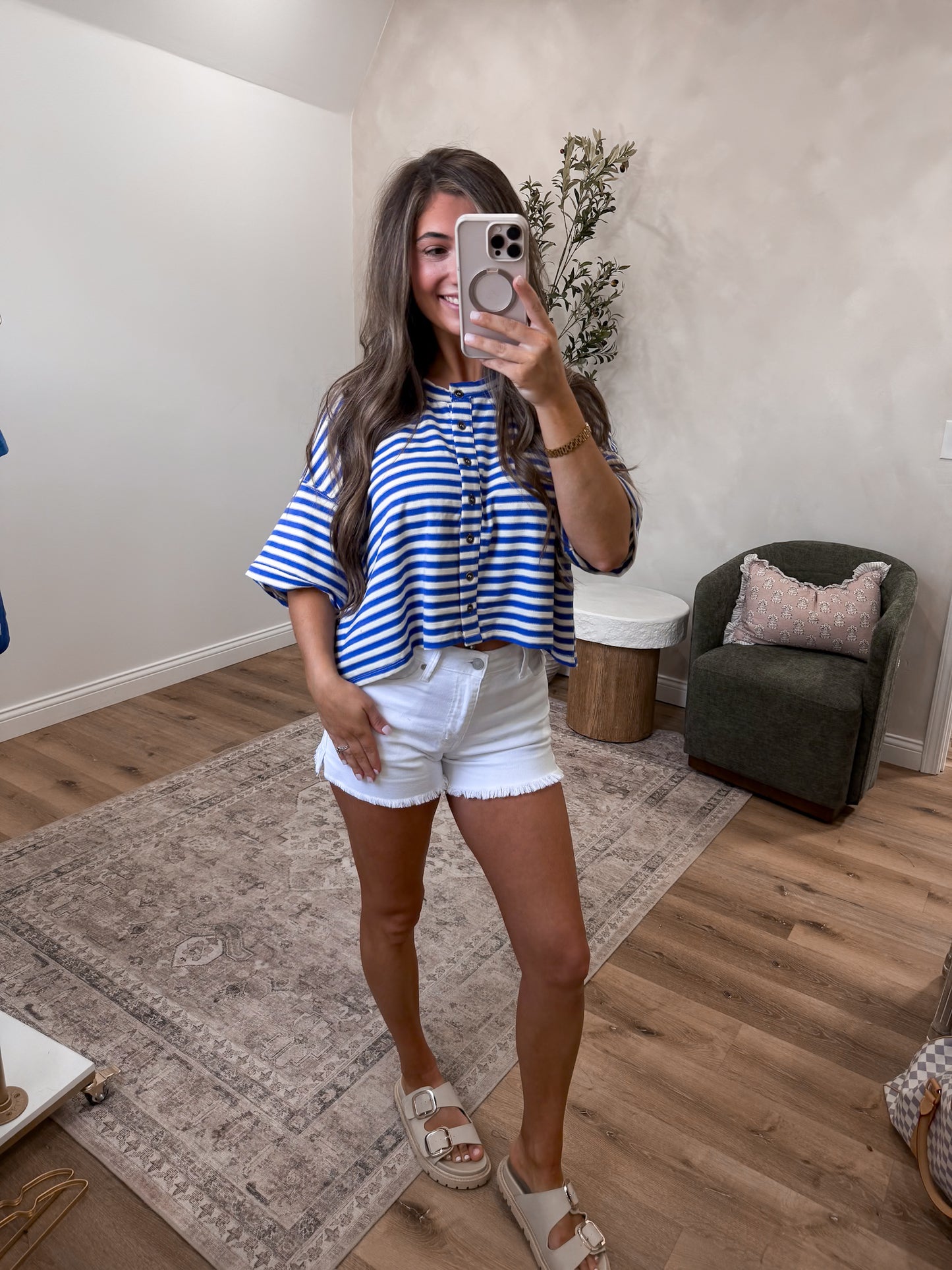 Karina Striped Button-up Tee - blue