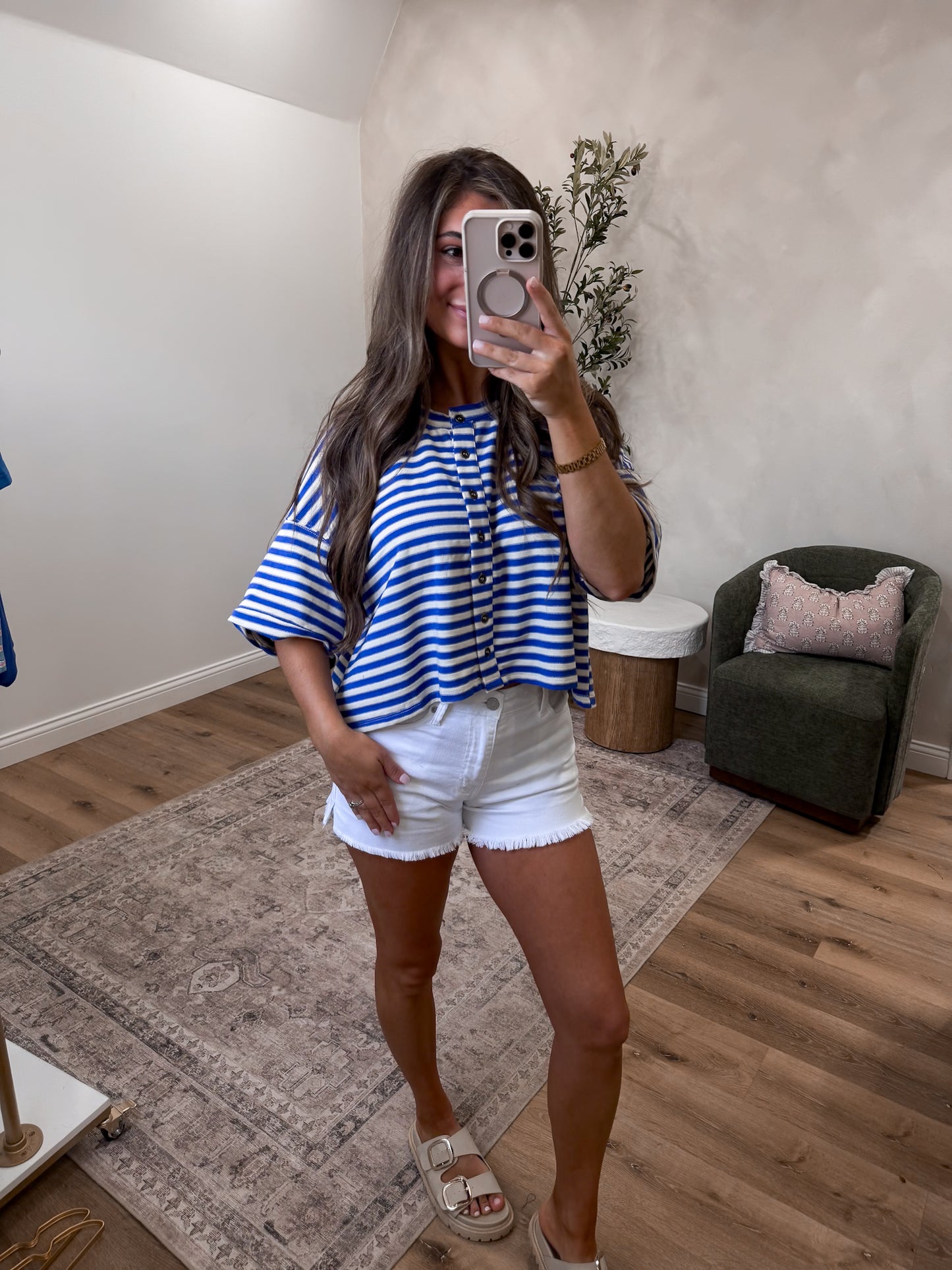 Karina Striped Button-up Tee - blue