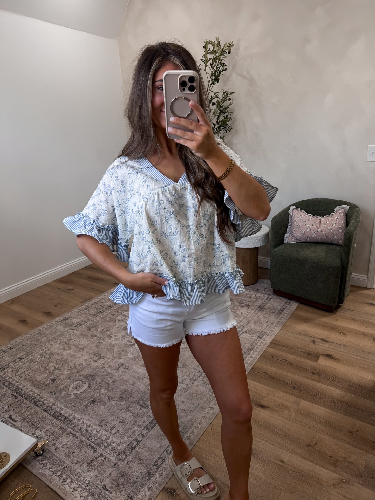 Golden Hour Floral Ruffle Top - blue