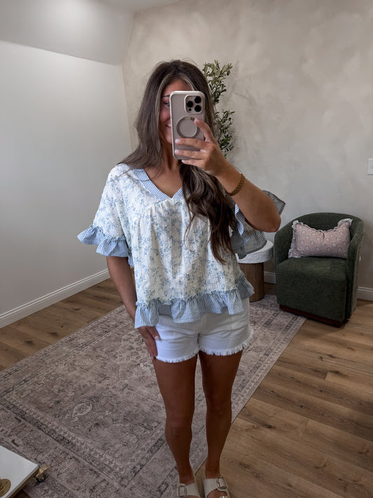 Golden Hour Floral Ruffle Top - blue