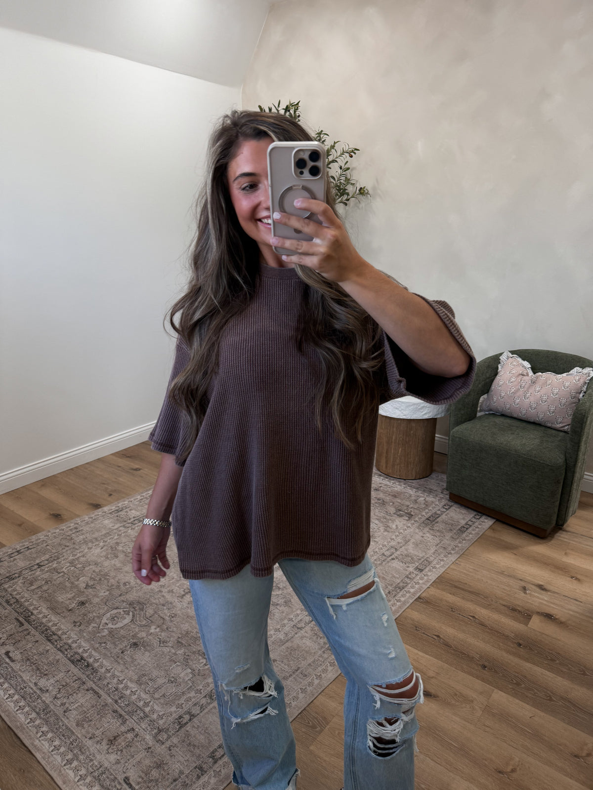 Waffle Knit Oversized Washed Tee - dark brown
