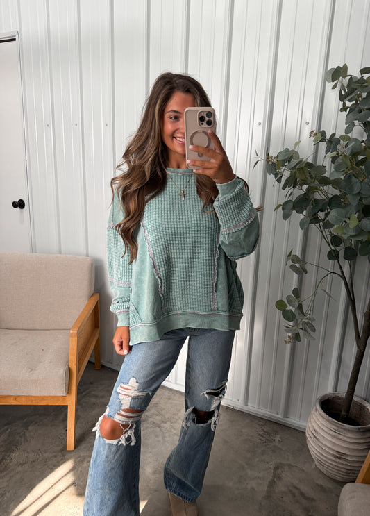 Burkley Washed Thermal Pullover- Faded Teal