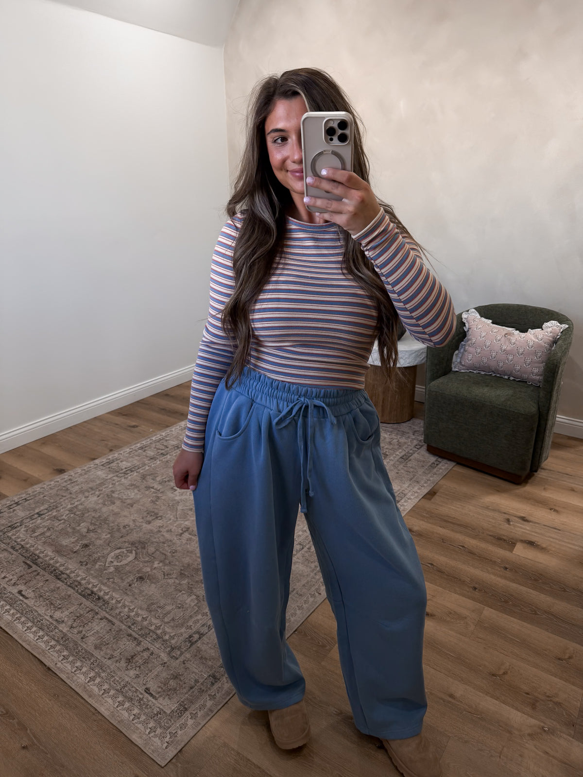 Carley Striped Fitted Long Sleeve - cream/blue multi