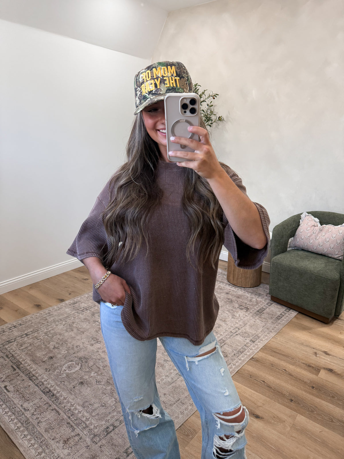 Waffle Knit Oversized Washed Tee - dark brown