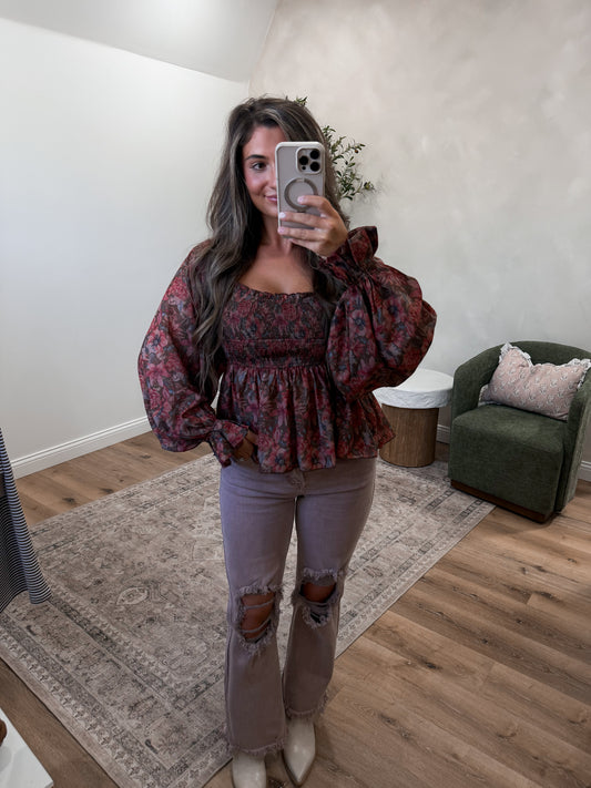 Everlasting Bloom Floral Smocked Peplum Top - olive