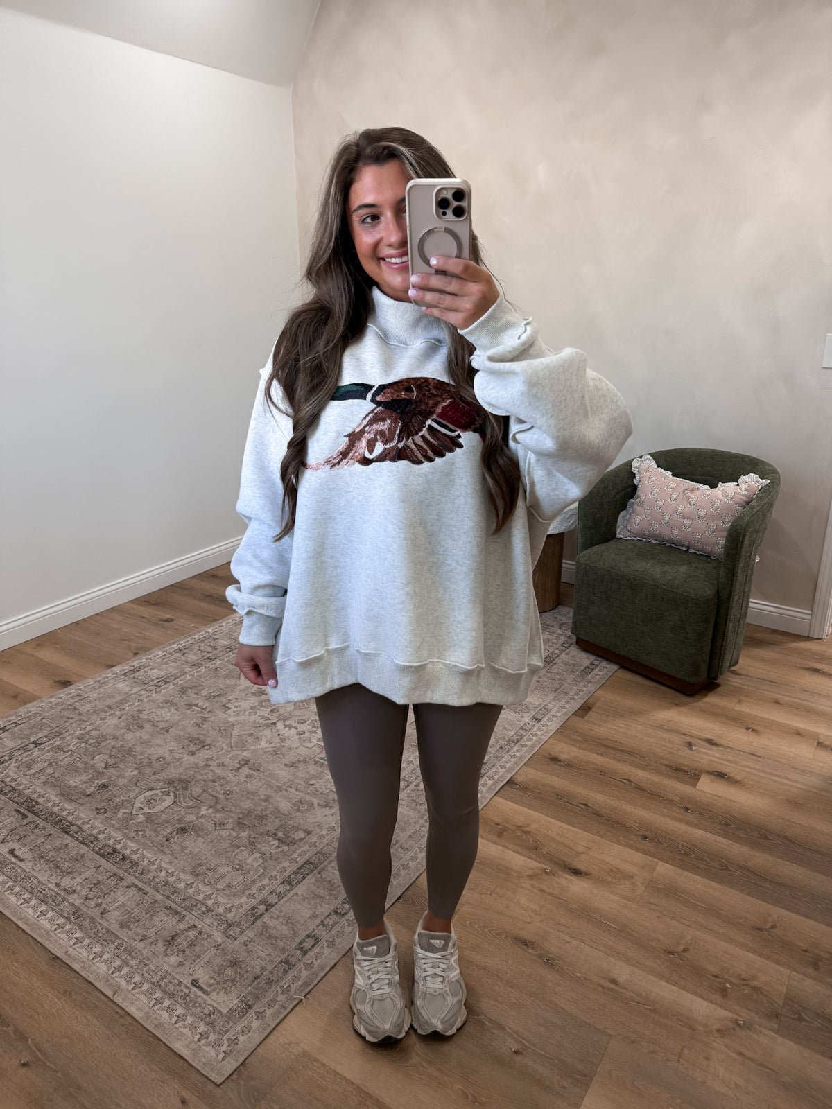Mallard Embroidered Mock Neck Pullover - ash grey