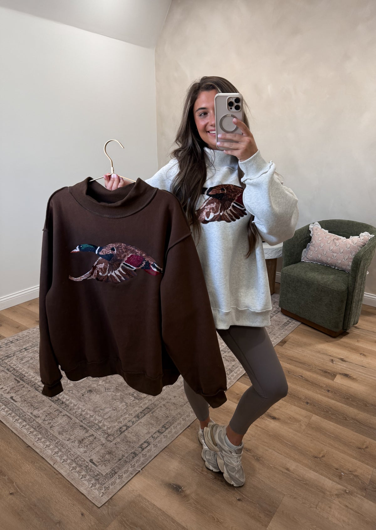 Mallard Embroidered Mock Neck Pullover - brown