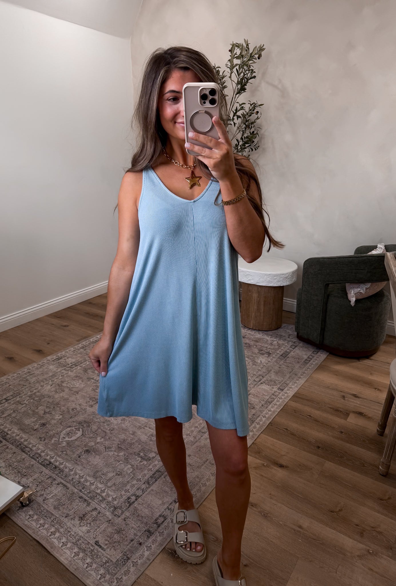 Cassidy Ribbed V Neck Dress - seafoam