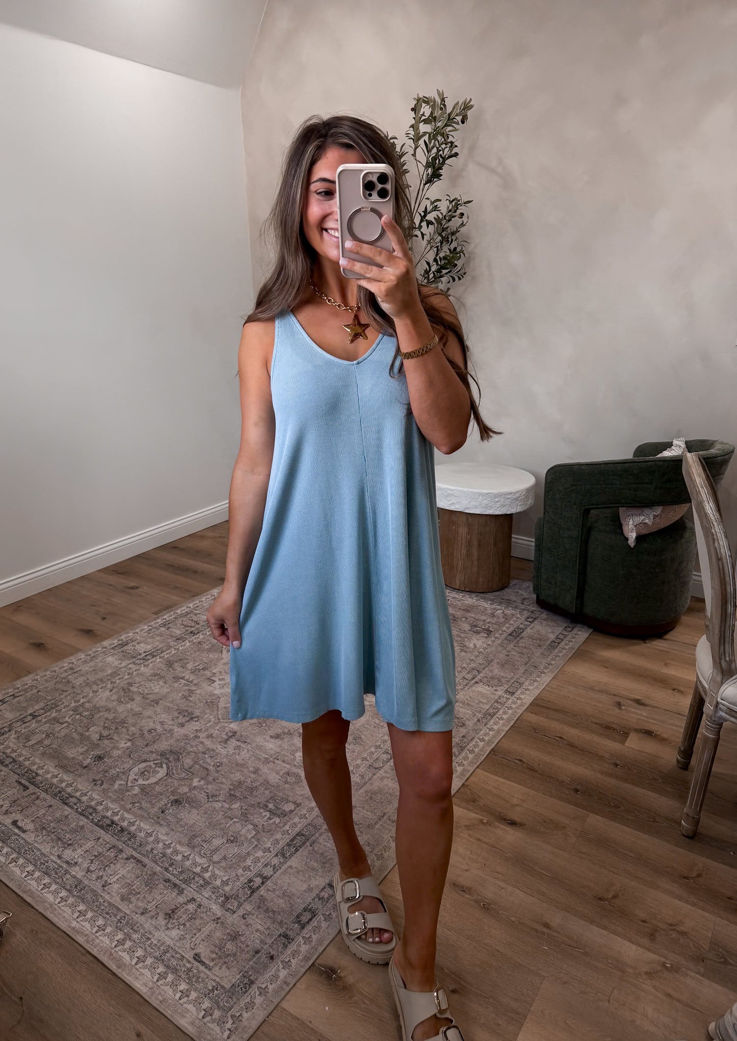 Cassidy Ribbed V Neck Dress - seafoam