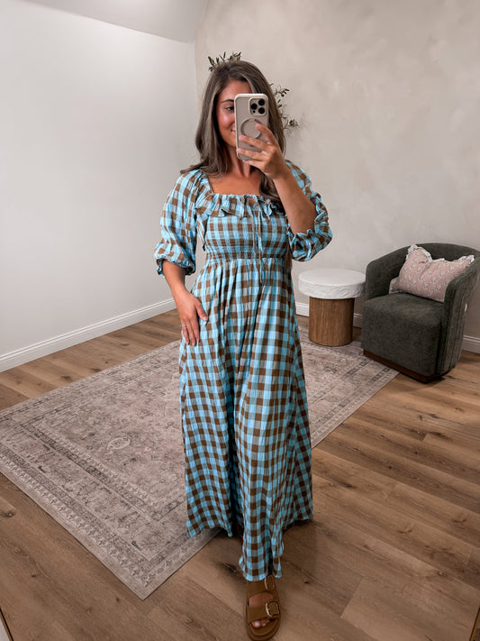 Anna Kate Gingham Maxi Dress - sky blue/chocolate