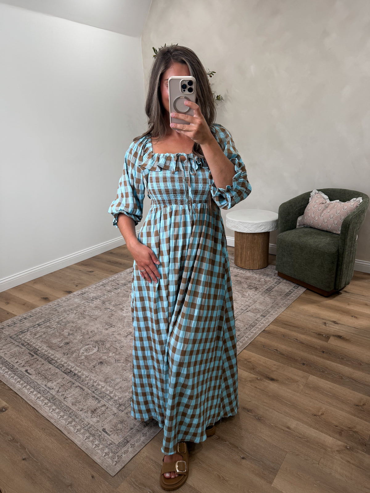 Anna Kate Gingham Maxi Dress - sky blue/chocolate