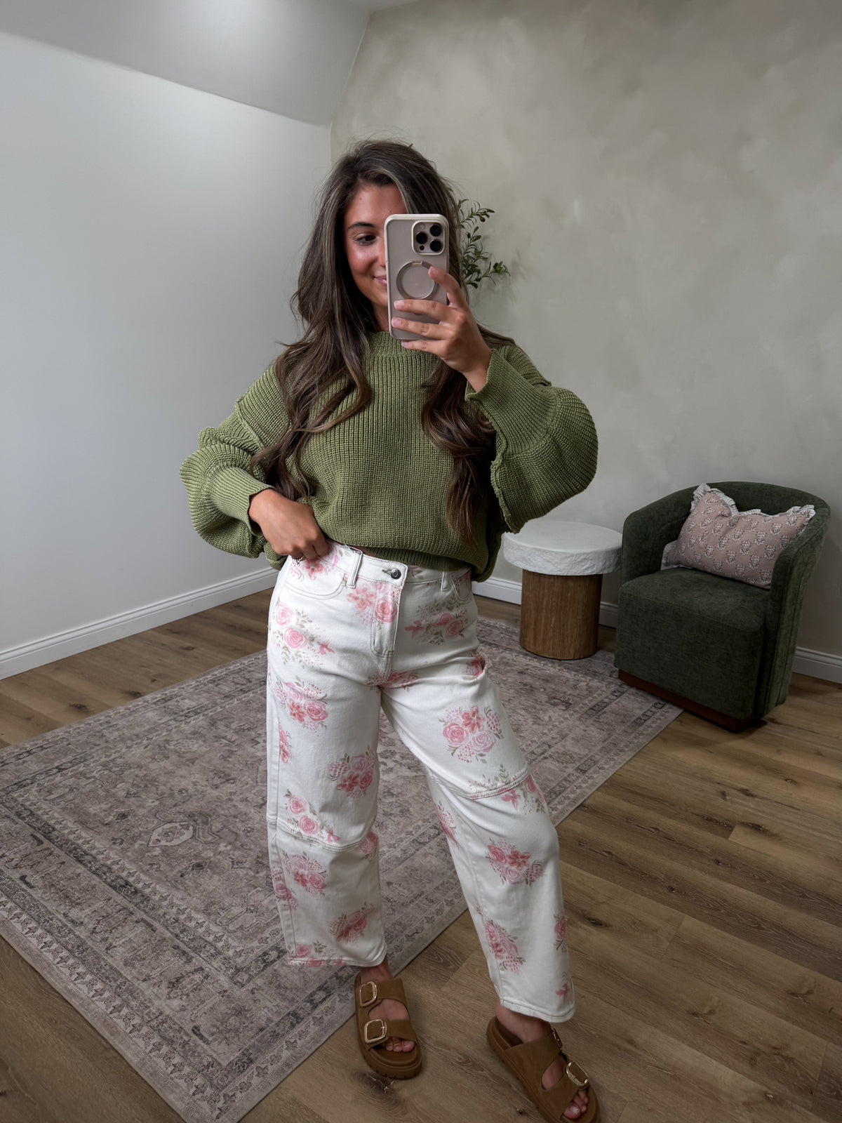 Florence Floral Denim Barrel Pants - ivory