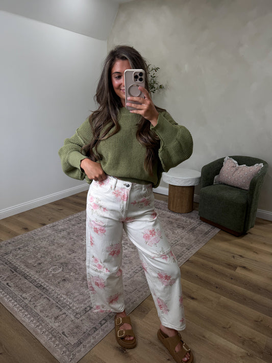 Florence Floral Denim Barrel Pants - ivory
