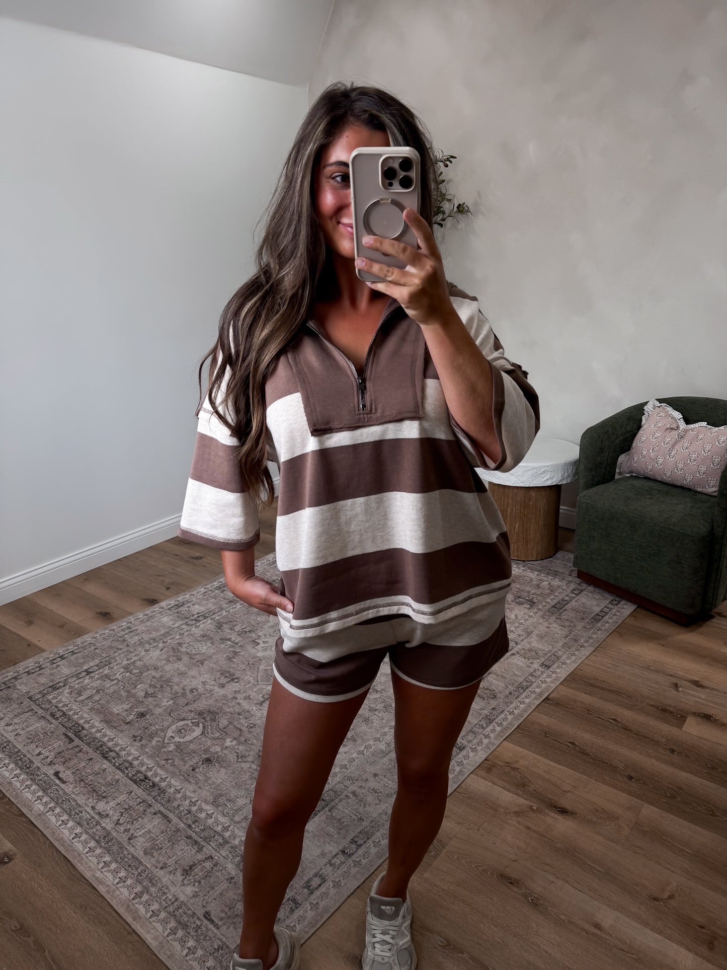 Zoey Half Zip Shorts Set - mocha/cream