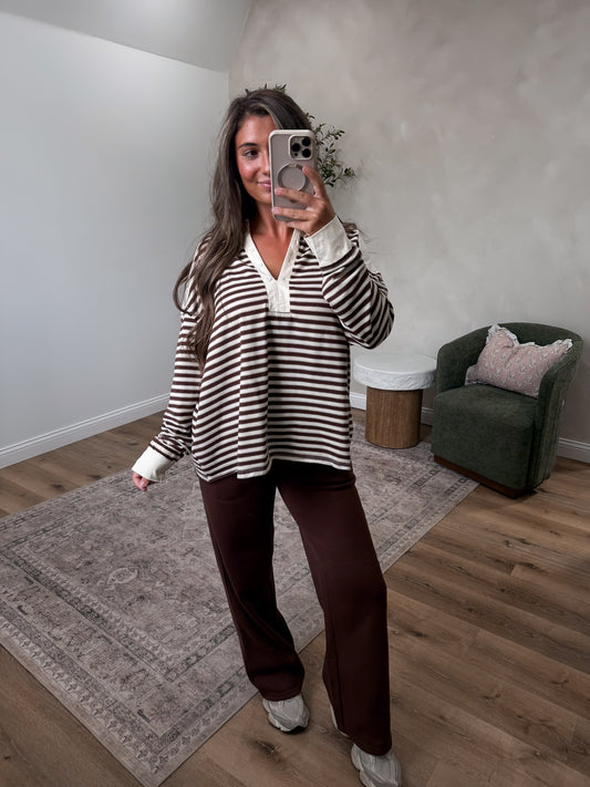 Stefani Striped Henley Pullover - chestnut