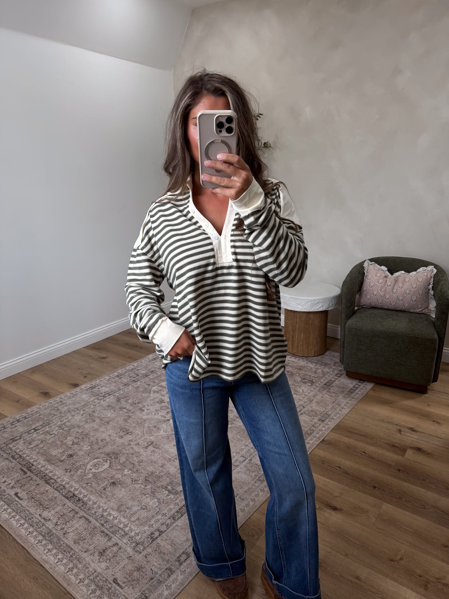 Stefani Striped Henley Pullover - olive gray