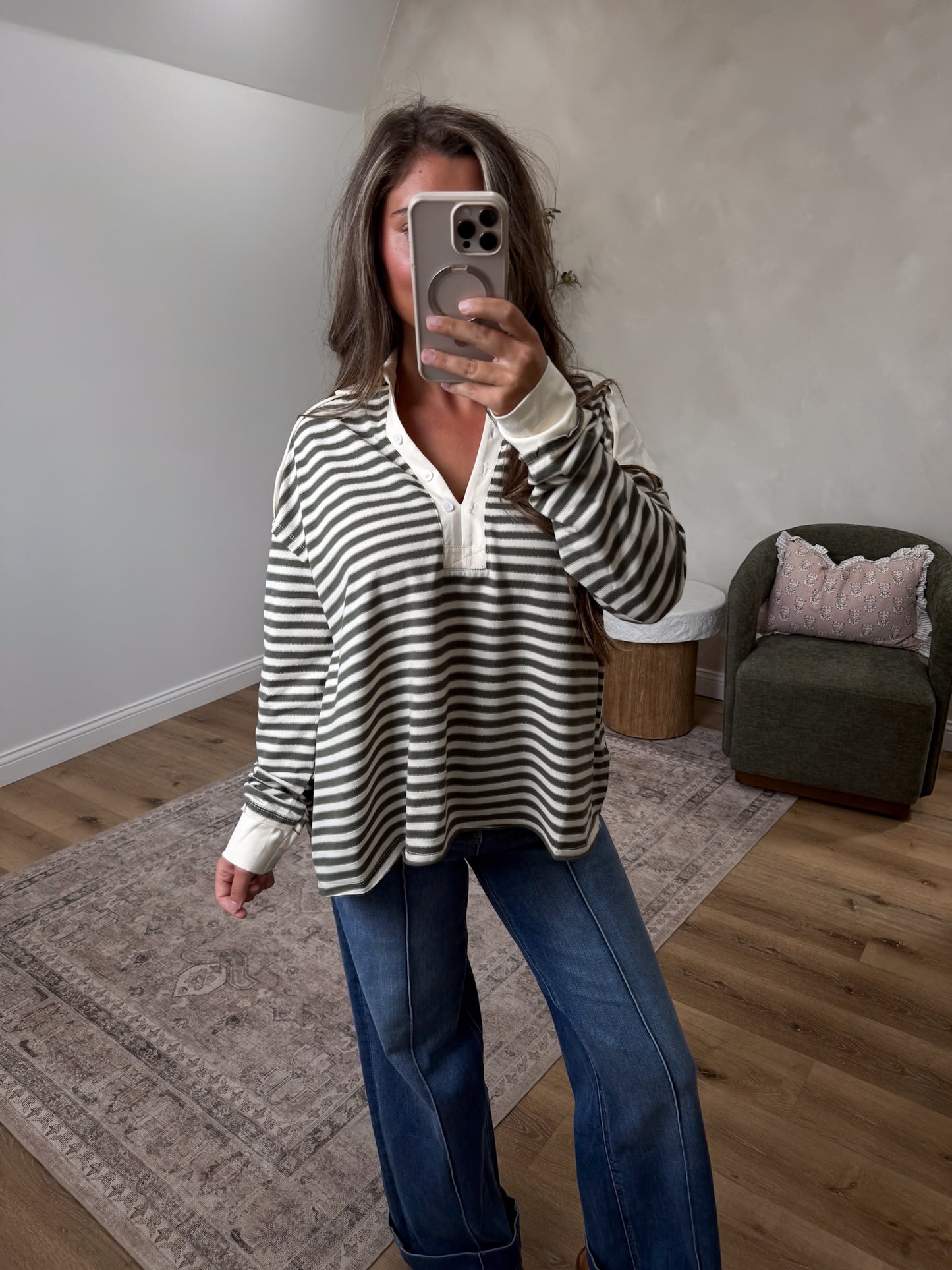 Stefani Striped Henley Pullover - olive gray