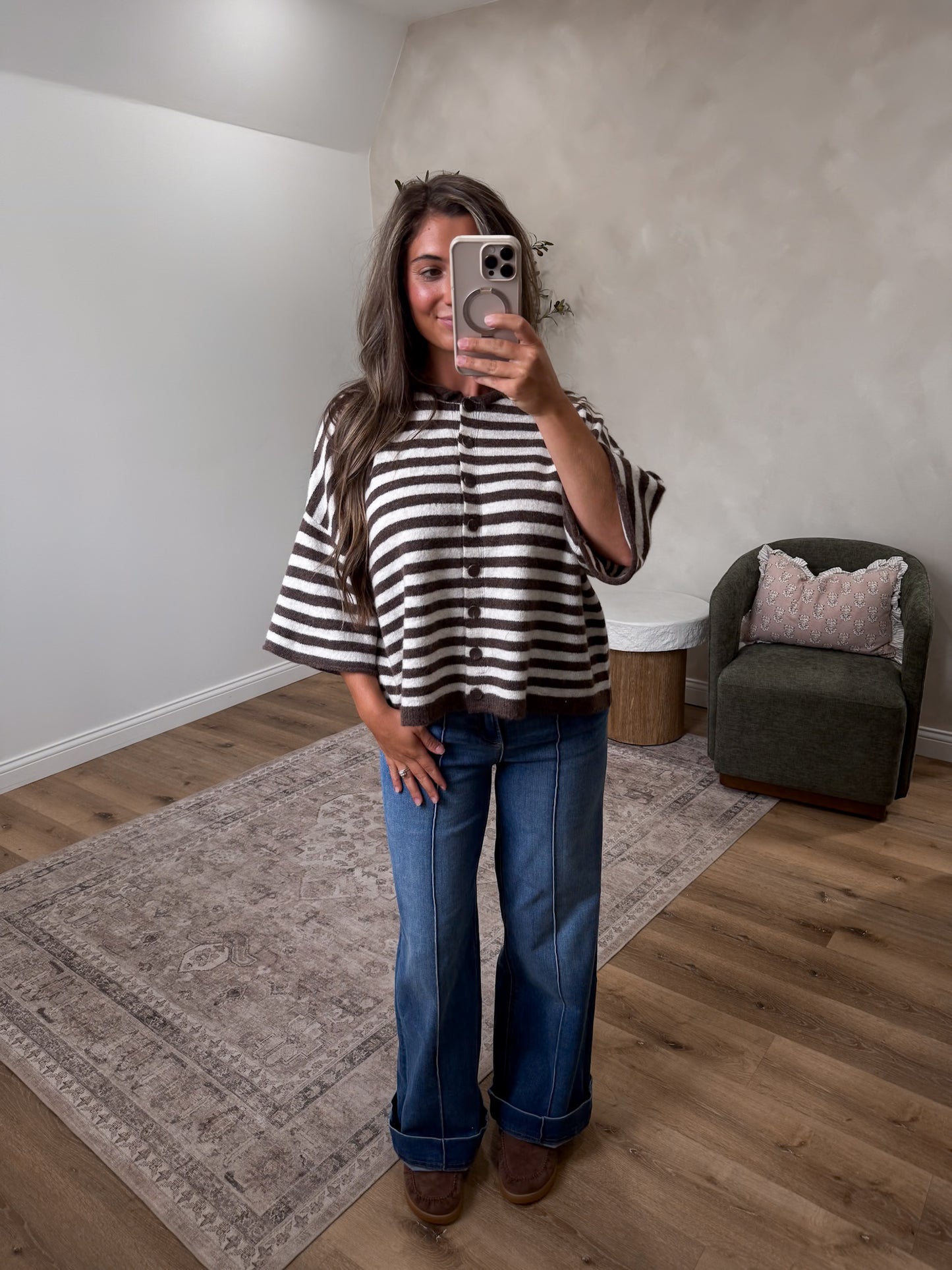 Clara Striped Knit Cardigan - chocolate/cream