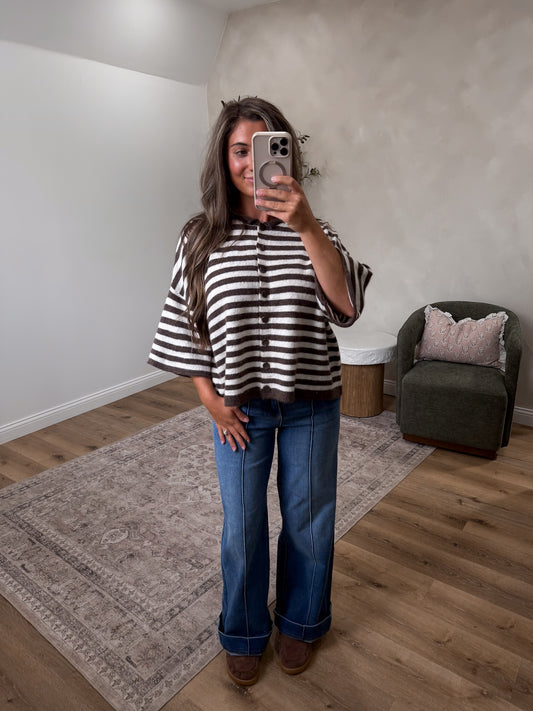 Clara Striped Knit Cardigan - chocolate/cream