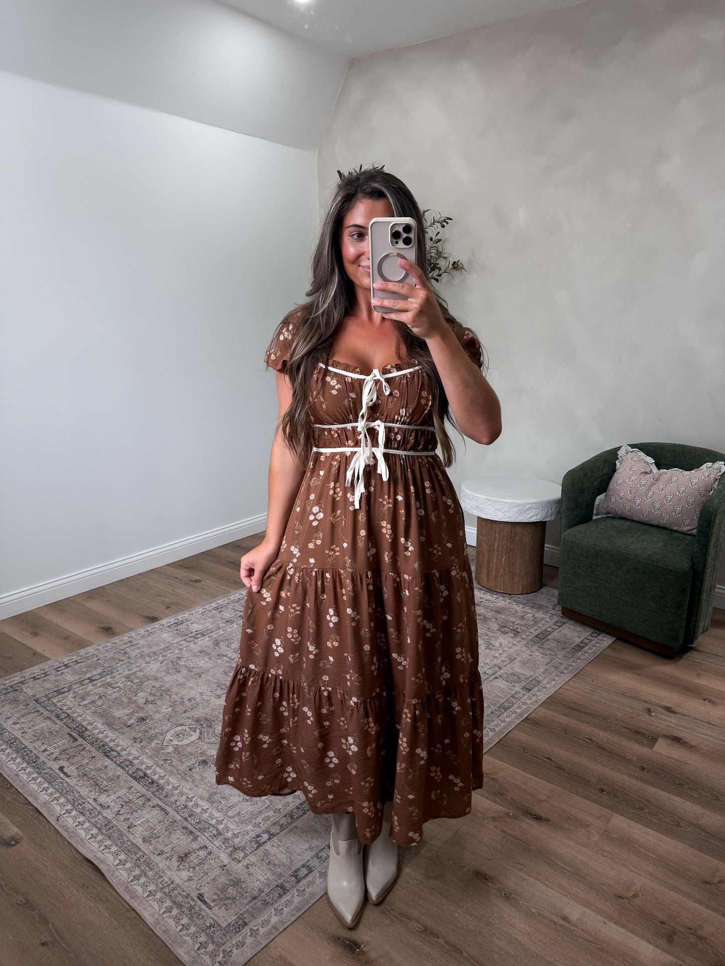 Sweet Caroline Floral Ruffle Midi Dress - brown