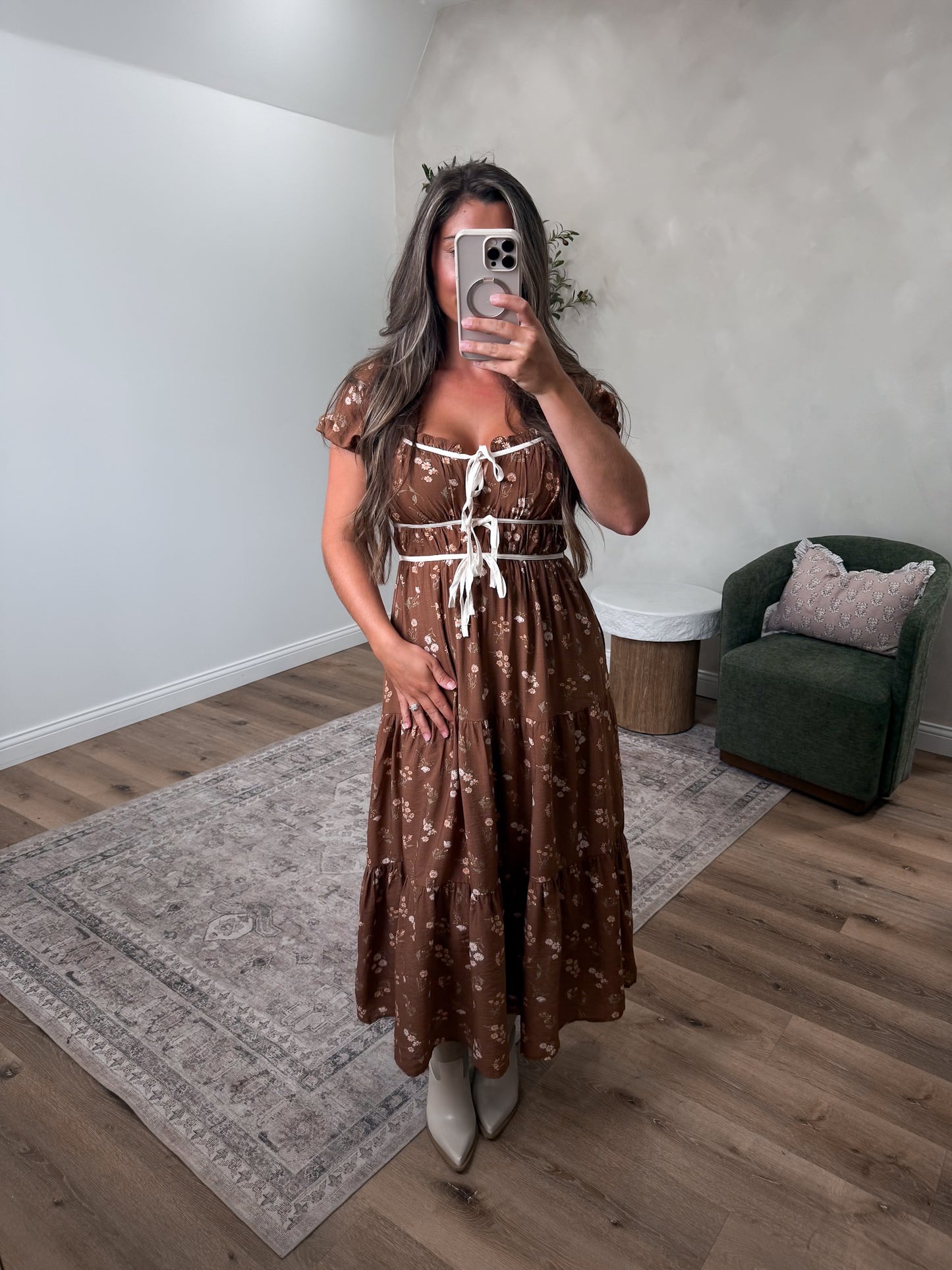 Sweet Caroline Floral Ruffle Midi Dress - brown