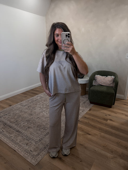 Lydia short sleeve Striped  Lounge Set - oatmeal