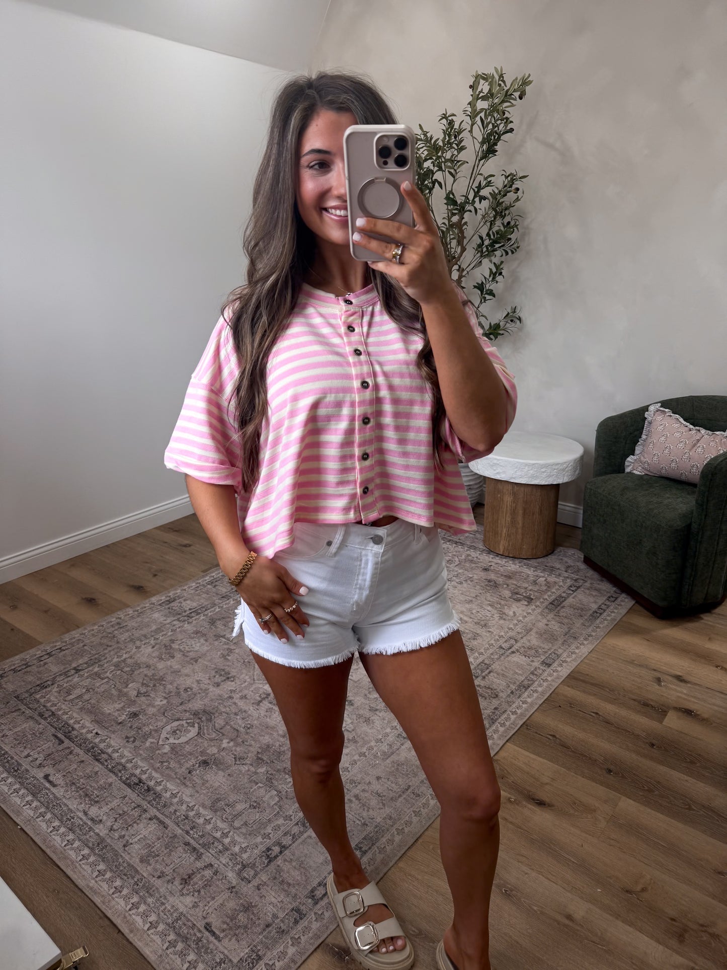 Karina Striped Button-up Tee - pink
