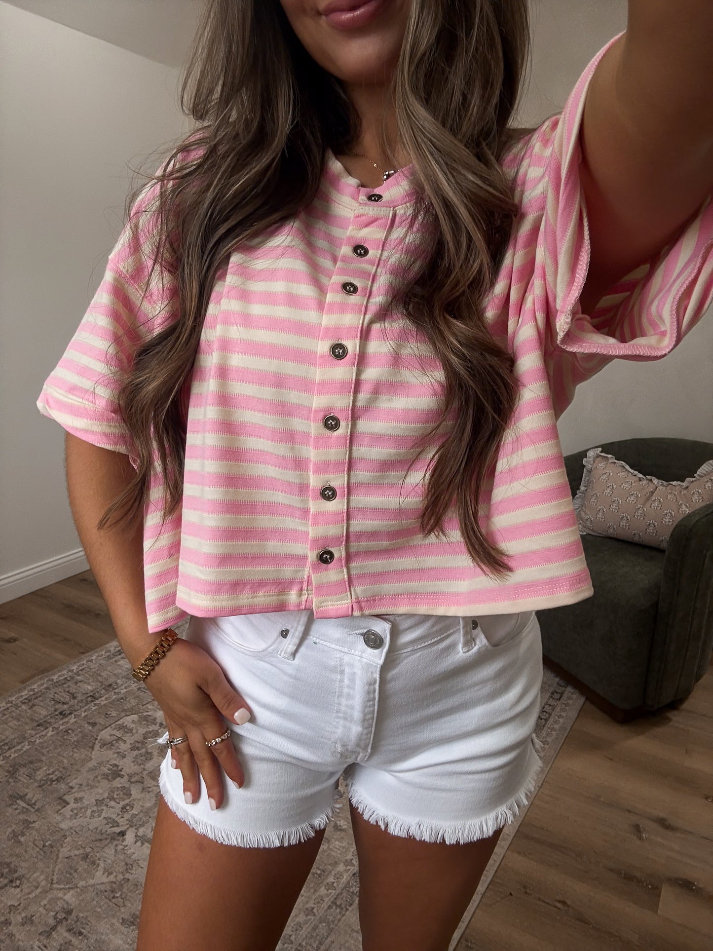 Karina Striped Button-up Tee - pink