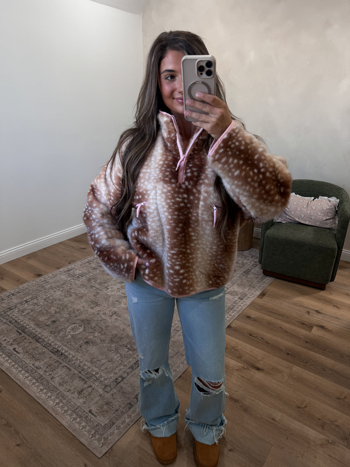 Blush Bambi Half Zip Pullover - taupe/pink