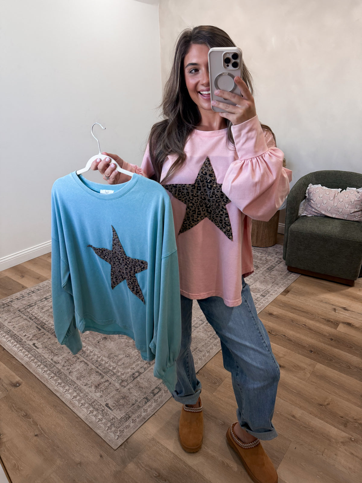 Leopard Star Long Sleeve Top - faded teal