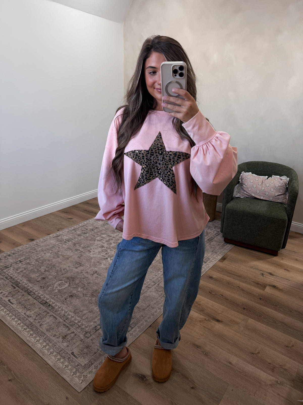 Leopard Star Long Sleeve Top - peach slush