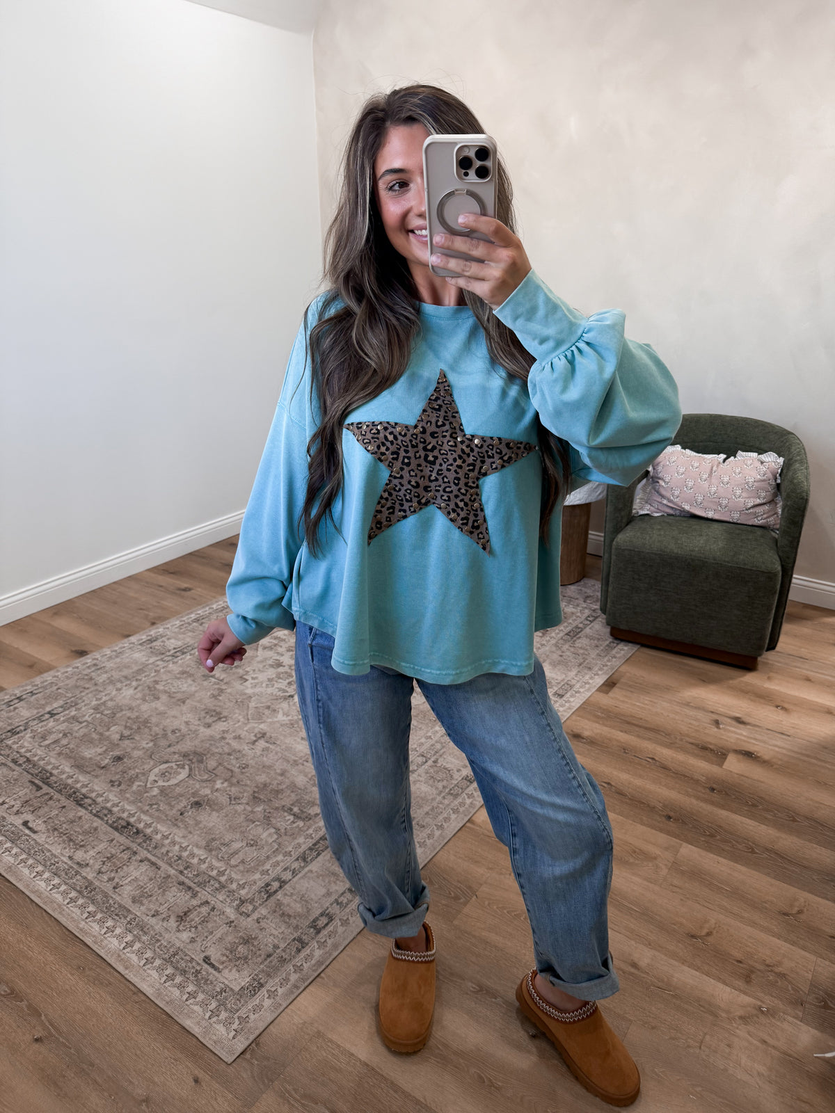 Leopard Star Long Sleeve Top - faded teal