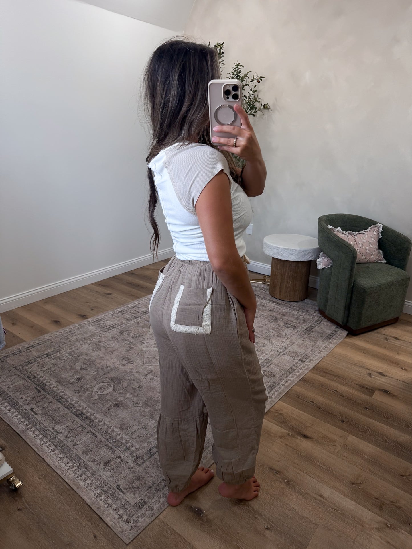 Elise Lace Trimmed Joggers - taupe