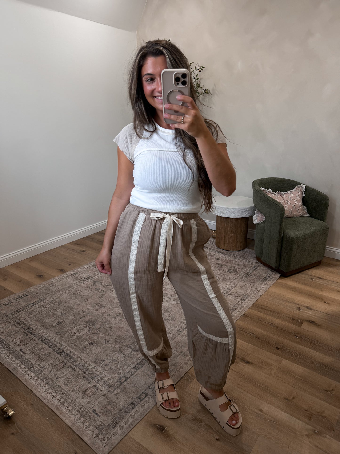Elise Lace Trimmed Joggers - taupe