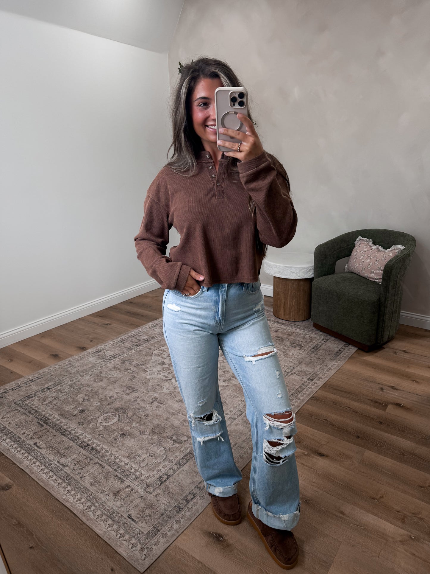 Millie Buttoned Henley Top - brown