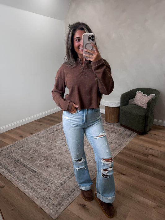 Millie Buttoned Henley Top - brown