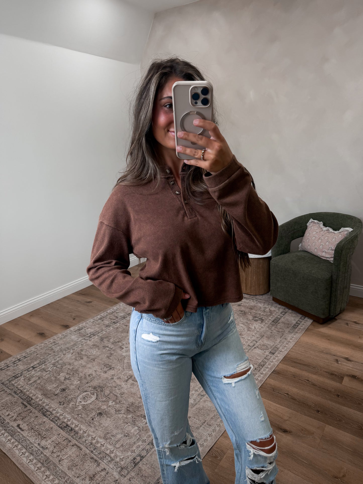 Millie Buttoned Henley Top - brown