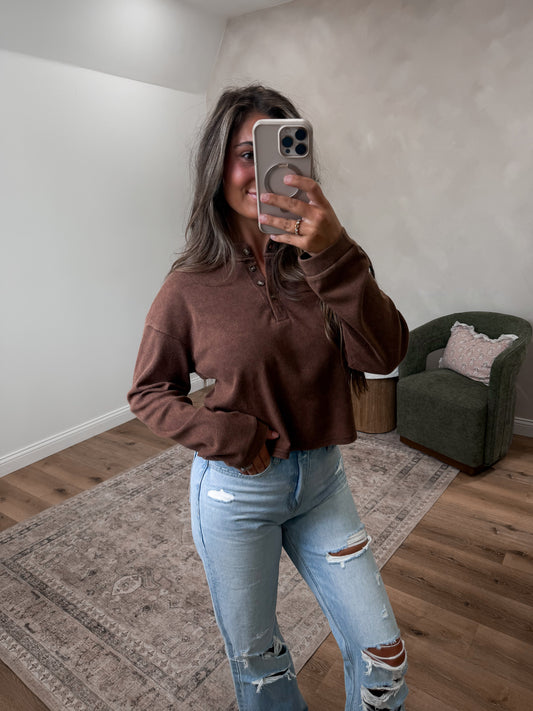 Millie Buttoned Henley Top - brown