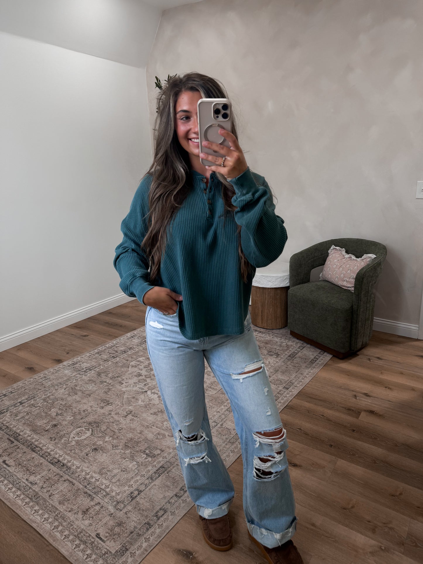 Washed Waffle Knit Henley Top - dark teal
