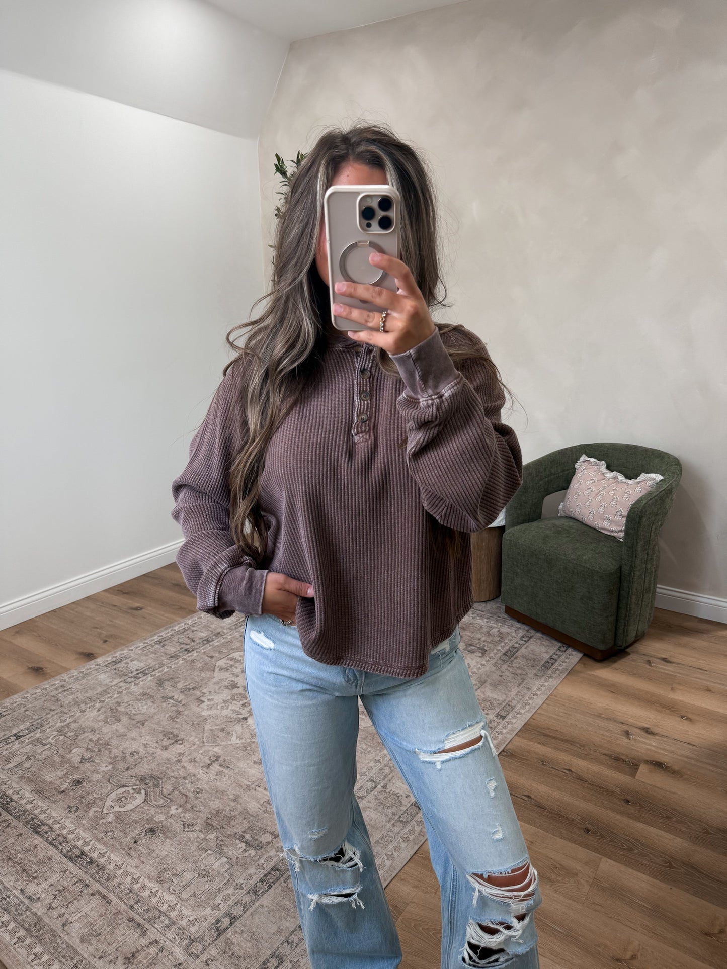 Washed Waffle Knit Henley Top - dark brown