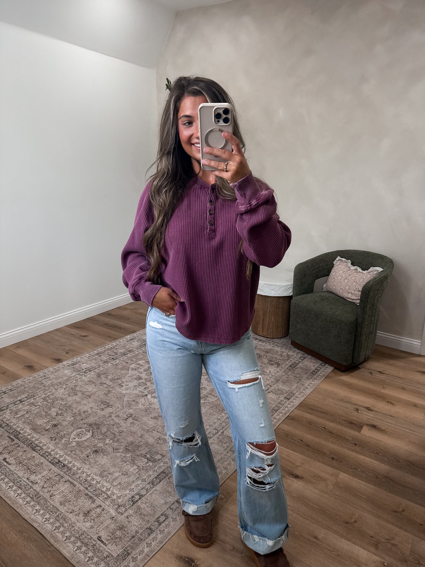 Washed Waffle Knit Henley Top - dark cherry