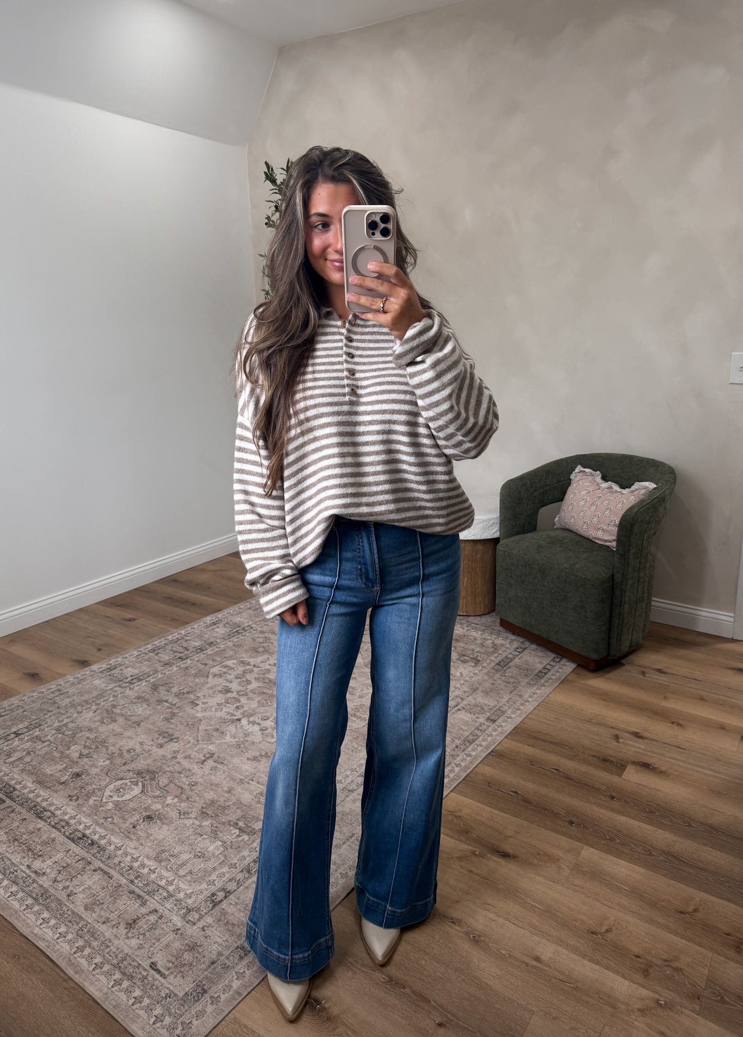 Morning Latte Striped Henley Sweater - mocha *PREORDER OPEN FOR 8/28*