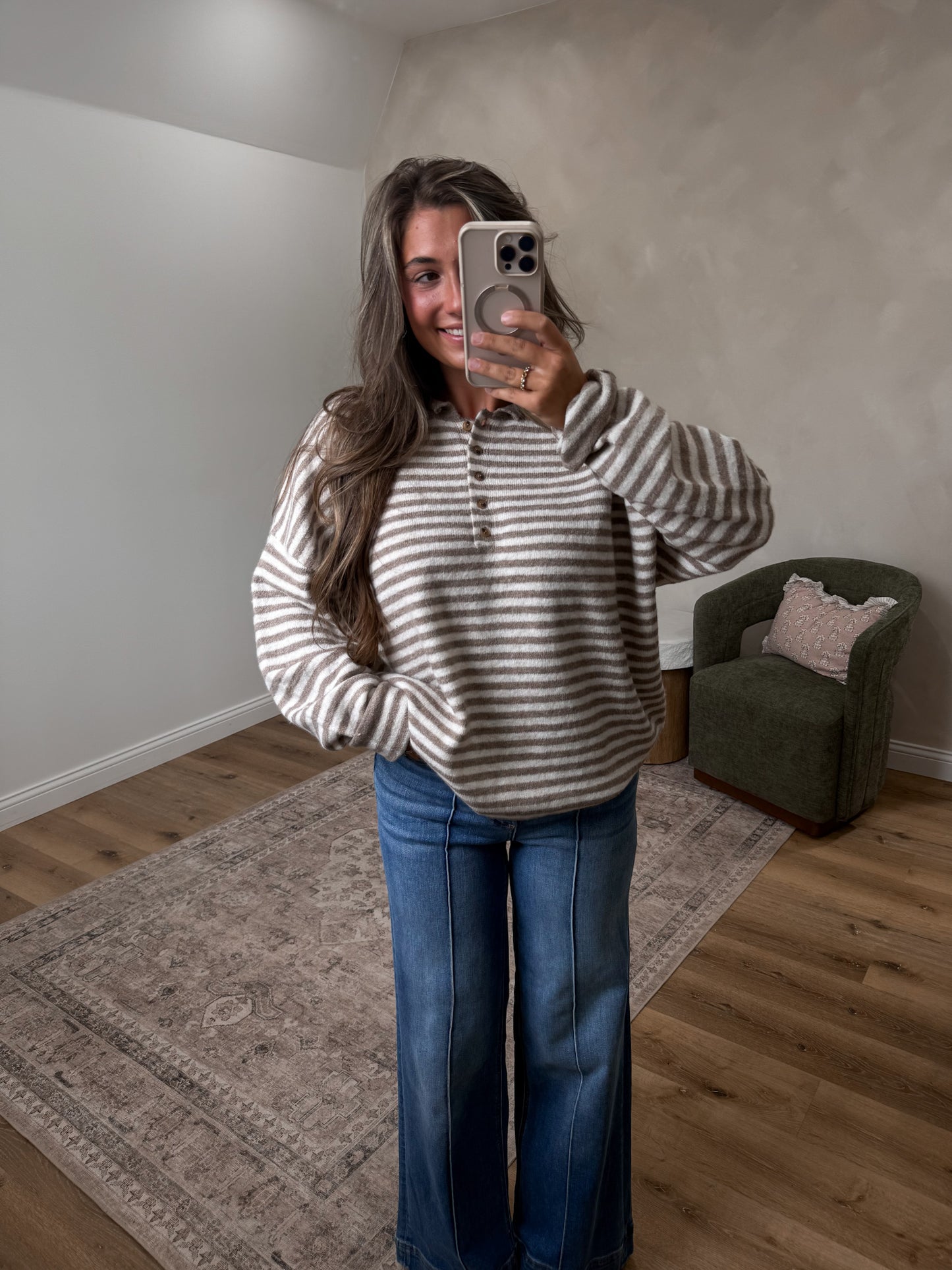 Morning Latte Striped Henley Sweater - mocha *PREORDER OPEN FOR 8/28*