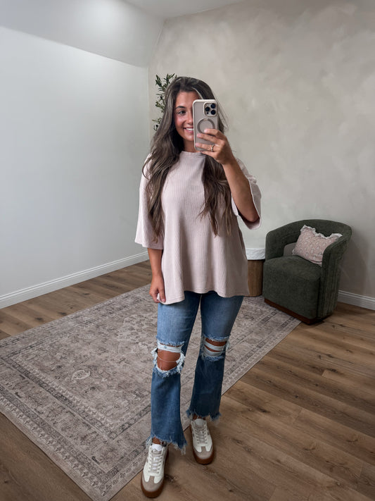 Waffle Knit Oversized Washed Tee - light taupe