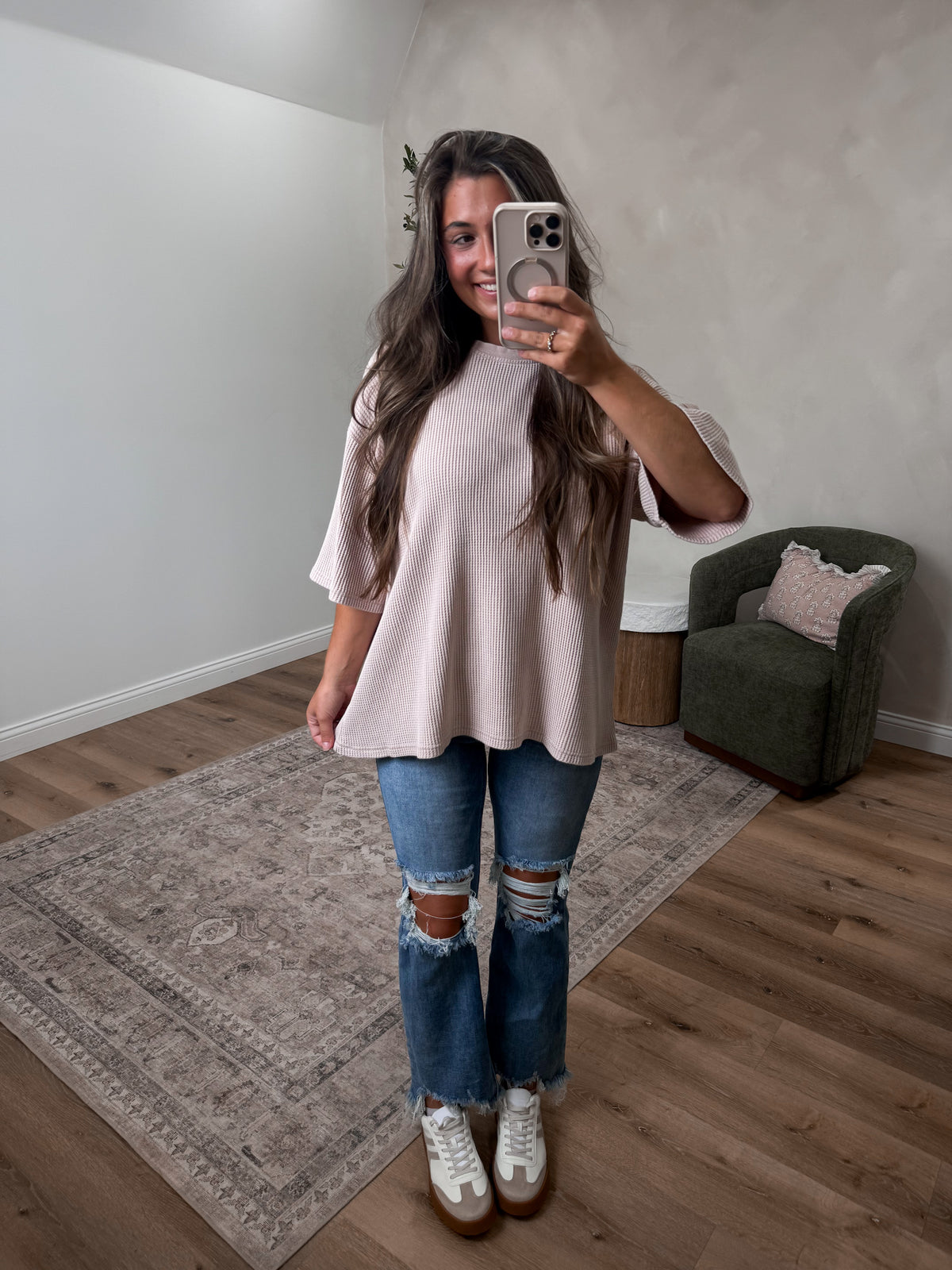 Waffle Knit Oversized Washed Tee - light taupe