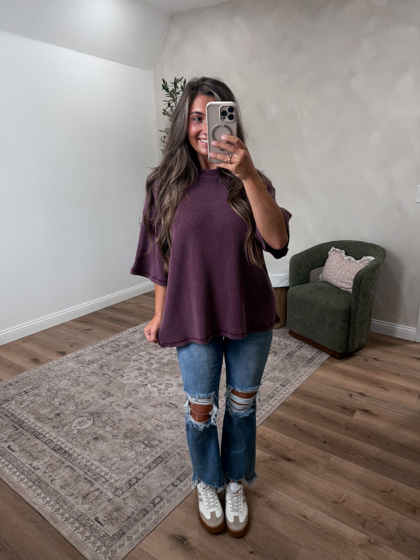 Waffle Knit Oversized Washed Tee - dark cherry