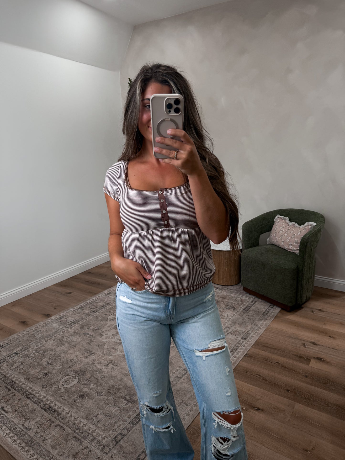 Maggie Striped Babydoll Tee - cocoa/cream